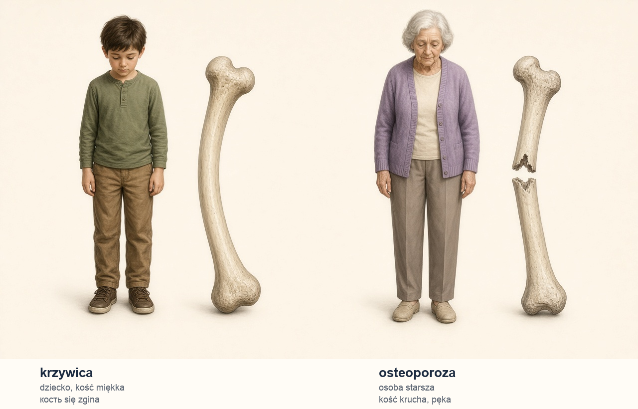 Krzywica: kość miękka. Osteoporoza: kość krucha.