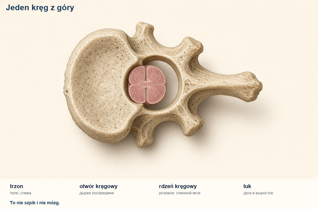 Kręg z góry: trzon, łuk, otwór i rdzeń kręgowy