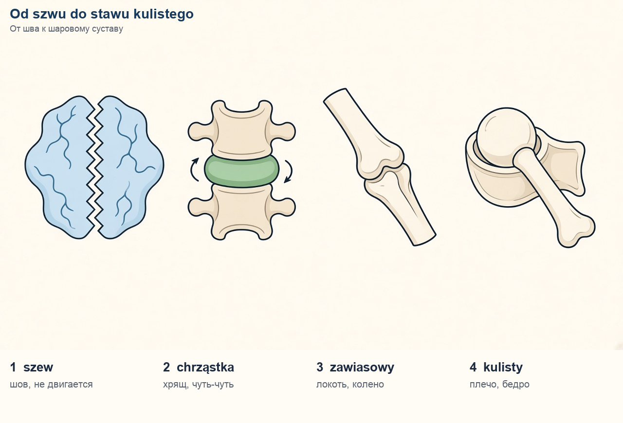 Połączenia: szew, chrząstkozrost, staw zawiasowy, staw kulisty